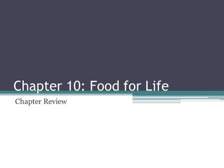Chapter 10: Food for Life Chapter Review. What you should have learned: How diet effects the body How the body processes and uses food How to read nutrient.