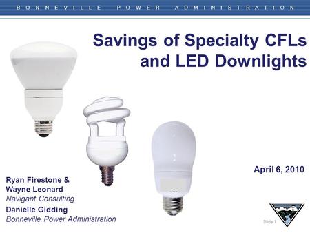 Slide 1 B O N N E V I L L E P O W E R A D M I N I S T R A T I O N Savings of Specialty CFLs and LED Downlights Danielle Gidding Bonneville Power Administration.