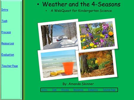 Weather and the 4-Seasons A WebQuest for Kindergarten Science Intro Intro Task Process Resources Evaluation Teacher PageTaskProcessResourcesEvaluationTeacher.