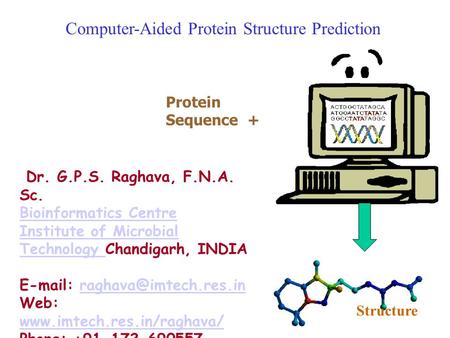 Computer-Aided Protein Structure Prediction Dr. G.P.S. Raghava, F.N.A. Sc. Bioinformatics Centre Institute of Microbial Technology Institute of Microbial.