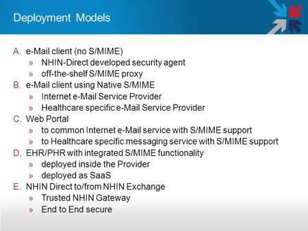 Deployment Models A.e-Mail client (no S/MIME) »NHIN-Direct developed security agent »off-the-shelf S/MIME proxy B.e-Mail client using Native S/MIME »Internet.