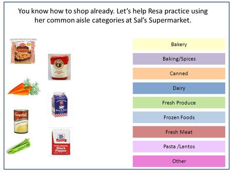 You know how to shop already. Let’s help Resa practice using her common aisle categories at Sal’s Supermarket. Baking/Spices Canned Dairy Frozen Foods.
