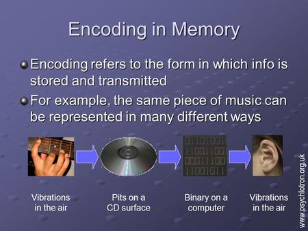 Encoding in Memory Encoding refers to the form in which info is stored and transmitted For example, the same piece of music can be represented in many.