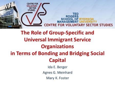 The Role of Group-Specific and Universal Immigrant Service Organizations in Terms of Bonding and Bridging Social Capital Ida E. Berger Agnes G. Meinhard.