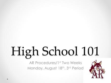 High School 101 AR Procedures/1 st Two Weeks Monday, August 18 th, 3 rd Period.