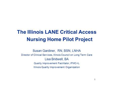 The Illinois LANE Critical Access Nursing Home Pilot Project Susan Gardiner, RN, BSN, LNHA Director of Clinical Services, Illinois Council on Long Term.