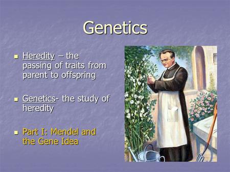 Genetics Heredity – the passing of traits from parent to offspring Heredity – the passing of traits from parent to offspring Genetics- the study of heredity.