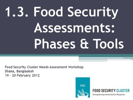 1.3. Food Security Assessments: Phases & Tools Food Security Cluster Needs Assessment Workshop Dhaka, Bangladesh 19 – 20 February 2012.