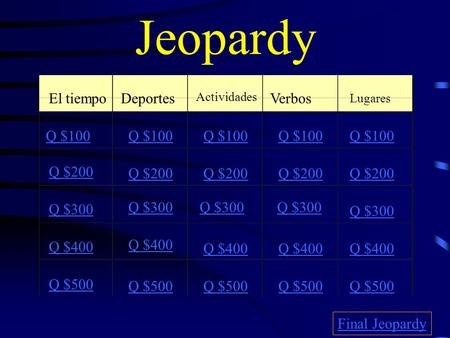 Jeopardy El tiempoDeportes Actividades Verbos Lugares Q $100 Q $200 Q $300 Q $400 Q $500 Q $100 Q $200 Q $300 Q $400 Q $500 Final Jeopardy.