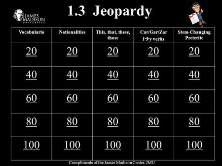 1.3 Jeopardy VocabularioNationalitiesThis, that, these, those Car/Gar/Zar i y verbs Stem-Changing Preterite 20 40 60 80 100 Compliments of the James Madison.