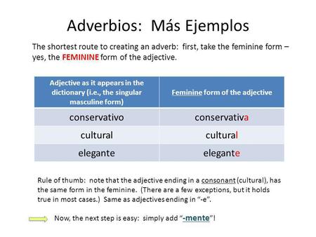 Adverbios: Más Ejemplos The shortest route to creating an adverb: first, take the feminine form – yes, the FEMININE form of the adjective. Adjective as.