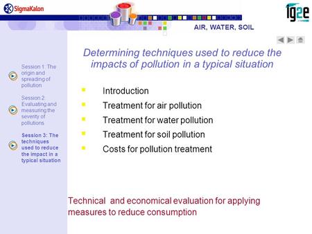 AIR, WATER, SOIL Determining techniques used to reduce the impacts of pollution in a typical situation Introduction Treatment for air pollution Treatment.