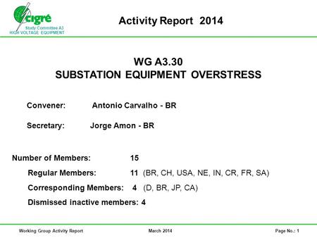 Study Committee A3 HIGH VOLTAGE EQUIPMENT Activity Report 2014 WG A3.30 SUBSTATION EQUIPMENT OVERSTRESS Convener: Antonio Carvalho - BR Secretary: Jorge.