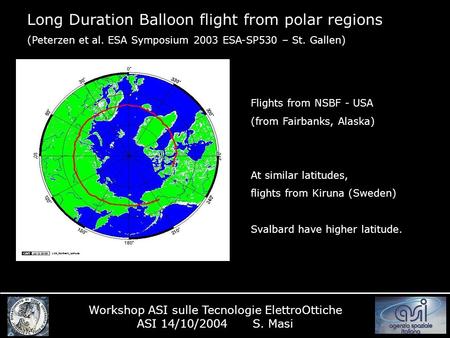 Long Duration Balloon flight from polar regions (Peterzen et al. ESA Symposium 2003 ESA-SP530 – St. Gallen) Workshop ASI sulle Tecnologie ElettroOttiche.