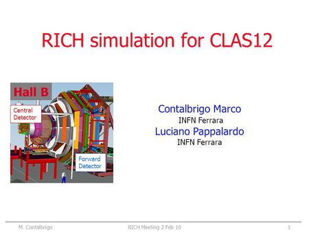 RICH simulation for CLAS12 Contalbrigo Marco INFN Ferrara Luciano Pappalardo INFN Ferrara Hall B Central Detector Forward Detector M. Contalbrigo1RICH.