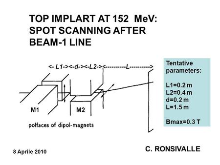 TOP IMPLART AT 152 MeV: SPOT SCANNING AFTER BEAM-1 LINE C. RONSIVALLE Tentative parameters: L1=0.2 m L2=0.4 m d=0.2 m L=1.5 m Bmax=0.3 T M1 M2 8 Aprile.