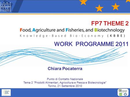 Chiara Pocaterra Punto di Contatto Nazionale Tema 2 Prodotti Alimentari, Agricoltura e Pesca e Biotecnologie Torino, 21 Settembre 2010 FP7 THEME 2 WORK.