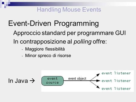Handling Mouse Events Event-Driven Programming Approccio standard per programmare GUI In contrapposizione al polling offre: - Maggiore flessibilità - Minor.