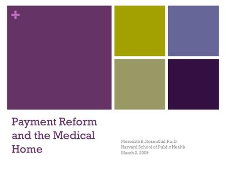 + Payment Reform and the Medical Home Meredith B. Rosenthal, Ph.D. Harvard School of Public Health March 2, 2009.