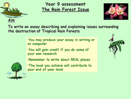 Year 9 assessment The Rain Forest Issue Aim To write an essay describing and explaining issues surrounding the destruction of Tropical Rain Forests You.