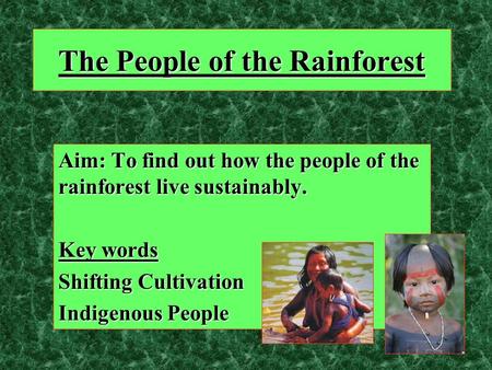 The People of the Rainforest Aim: To find out how the people of the rainforest live sustainably. Key words Shifting Cultivation Indigenous People.
