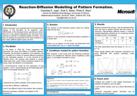 Reaction-Diffusion Modelling of Pattern Formation. Charlotte E. Jupp*, Ruth E. Baker, Philip K. Maini. Centre for Mathematical Biology, University of Oxford.
