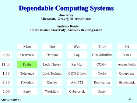 Gray & Reuter FT 2: 1 Dependable Computing Systems Jim Gray Microsoft, Microsoft.com Andreas Reuter International University,
