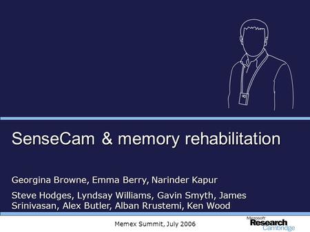 Memex Summit, July 2006 SenseCam & memory rehabilitation Georgina Browne, Emma Berry, Narinder Kapur Steve Hodges, Lyndsay Williams, Gavin Smyth, James.