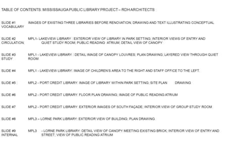 TABLE OF CONTENTS: MISSISSAUGA PUBLIC LIBRARY PROJECT – RDH ARCHITECTS SLIDE #1 IMAGES OF EXISTING THREE LIBRARIES BEFORE RENOVATION; DRAWING AND TEXT.
