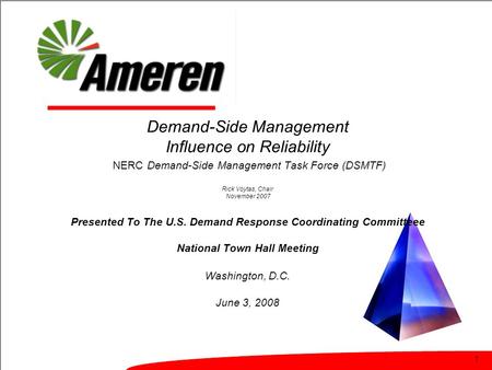1 Demand-Side Management Influence on Reliability NERC Demand-Side Management Task Force (DSMTF) Rick Voytas, Chair November 2007 Presented To The U.S.