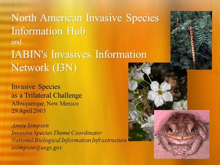 Annie Simpson Invasive Species Theme Coordinator National Biological Information Infrastructure Invasive Species as a Trilateral Challenge.
