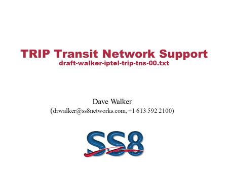 TRIP Transit Network Support draft-walker-iptel-trip-tns-00.txt Dave Walker ( +1 613 592 2100)