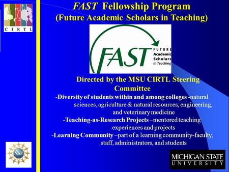 FAST Fellowship Program (Future Academic Scholars in Teaching) Directed by the MSU CIRTL Steering Committee -Diversity of students within and among colleges.