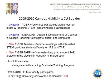 CENTER FOR THE INTEGRATION OF RESEARCH, TEACHING, AND LEARNING University of Colorado at Boulder, Howard University, Michigan State University, Texas A&M.
