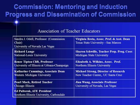 Commission: Mentoring and Induction Progress and Dissemination of Commission Sandra J. Odell, Professor (Commission Chair) University of Nevada Las Vegas.