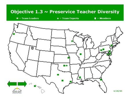 Objective 1.3 ~ Preservice Teacher Diversity = Team Leaders = Team Experts= Members 6/20/05.