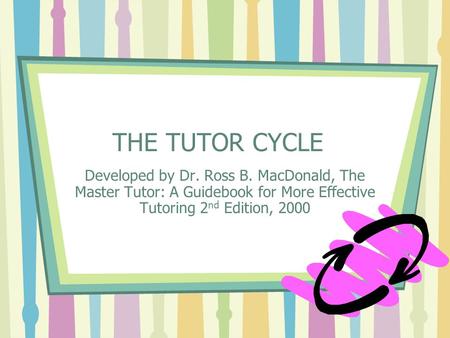 THE TUTOR CYCLE Developed by Dr. Ross B. MacDonald, The Master Tutor: A Guidebook for More Effective Tutoring 2nd Edition, 2000.