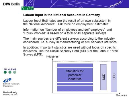 Martin Gornig Helsinki, 9.6.2005 EU Sixth Framework Programme Labour Input Estimates are the result of an own subsystem in the National Accounts: Task.