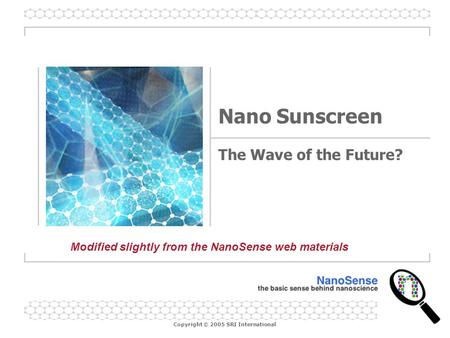 Copyright © 2005 SRI International Nano Sunscreen The Wave of the Future? Modified slightly from the NanoSense web materials.