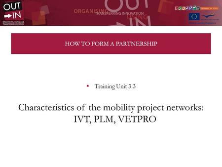 HOW TO FORM A PARTNERSHIP Training Unit 3.3 Characteristics of the mobility project networks: IVT, PLM, VETPRO.