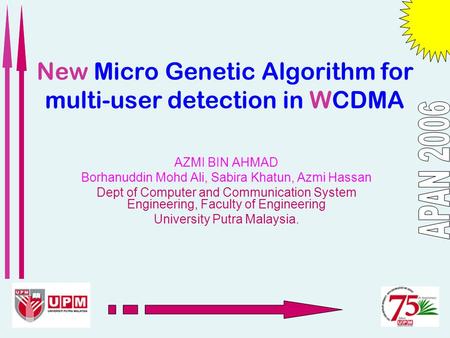 New Micro Genetic Algorithm for multi-user detection in WCDMA AZMI BIN AHMAD Borhanuddin Mohd Ali, Sabira Khatun, Azmi Hassan Dept of Computer and Communication.