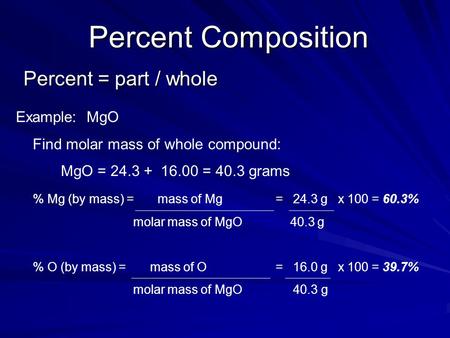 Percent Composition Percent = part / whole Example: MgO