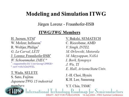 DRAFT - NOT FOR PUBLICATION 14 July 2004 – ITRS Summer Conference Modeling and Simulation ITWG Jürgen Lorenz - Fraunhofer-IISB ITWG/TWG Members H. Jaouen,