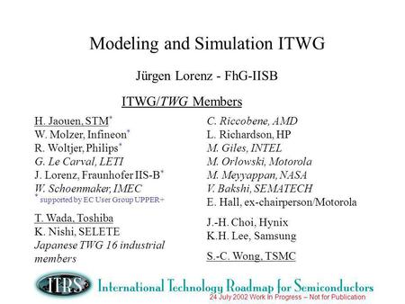 24 July 2002 Work In Progress – Not for Publication Modeling and Simulation ITWG Jürgen Lorenz - FhG-IISB ITWG/TWG Members H. Jaouen, STM * W. Molzer,