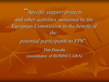 Specific support projects and other activities sustained by the European Commission in the benefit of the potential participants to FP6 Specific support.