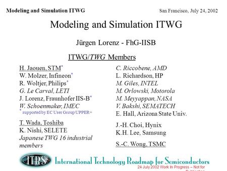 Modeling and Simulation ITWG San Francisco, July 24, 2002 24 July 2002 Work In Progress – Not for Publication Modeling and Simulation ITWG Jürgen Lorenz.