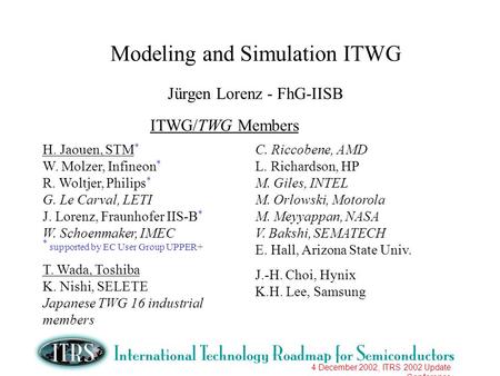 4 December 2002, ITRS 2002 Update Conference Modeling and Simulation ITWG Jürgen Lorenz - FhG-IISB ITWG/TWG Members H. Jaouen, STM * W. Molzer, Infineon.