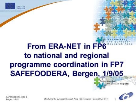 SAFEFOODERA, ESC 2 Bergen, 1/9/05 Structuring the European Research Area - DG Research - Giorgio CLAROTTI 1 From ERA-NET in FP6 to national and regional.