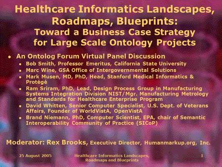 25 August 2005Healthcare Informatics Landscapes, Roadmaps and Blueprints 1 Healthcare Informatics Landscapes, Roadmaps, Blueprints: Toward a Business Case.