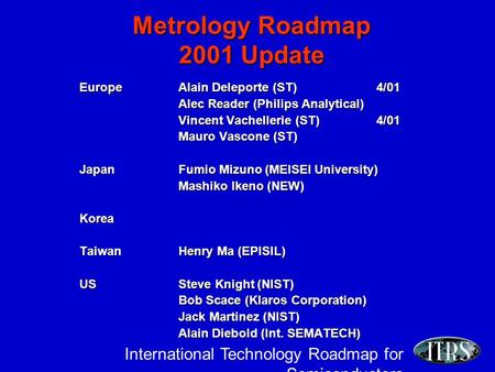 International Technology Roadmap for Semiconductors Metrology Roadmap 2001 Update EuropeAlain Deleporte (ST)4/01 Alec Reader (Philips Analytical) Vincent.